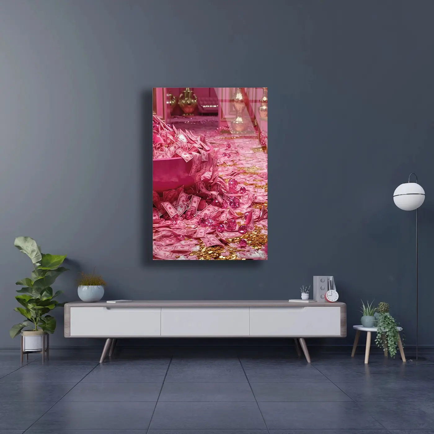 Pembe Lüks Para ve Mücevher Cam Tablo