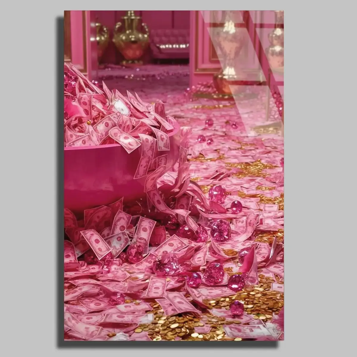 Pembe Lüks Para ve Mücevher Cam Tablo