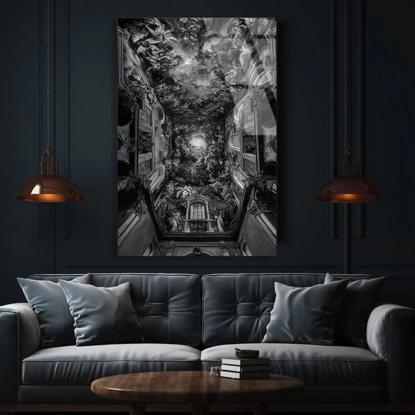 Barok Saray Tavanı Siyah Beyaz Cam Tablo