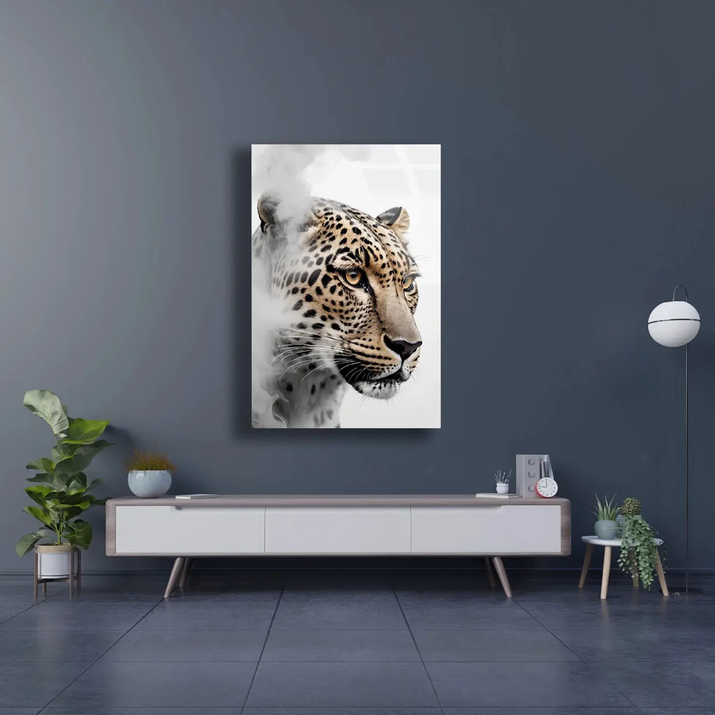 Duman Efektli Leopar Portresi Cam Tablo