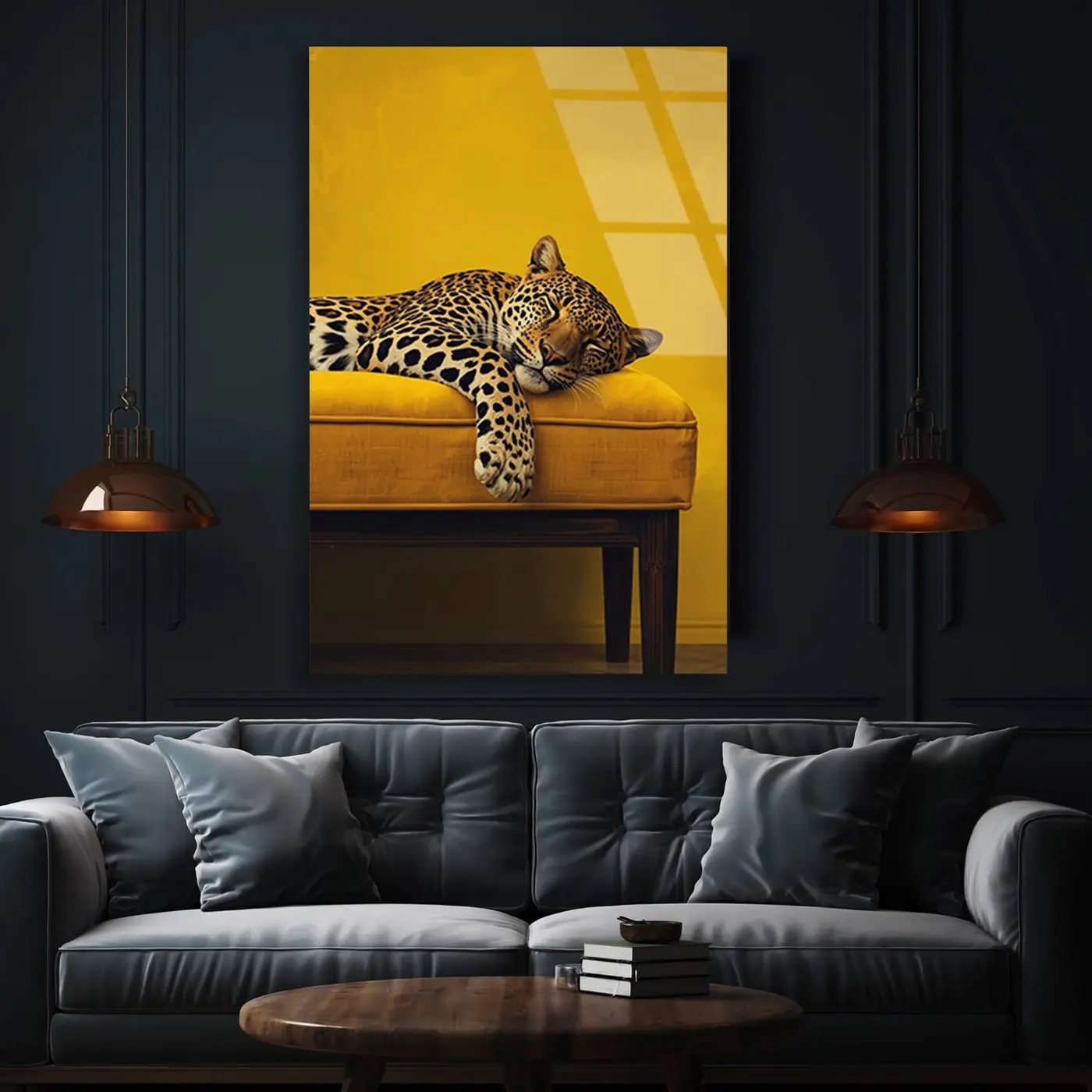 Sarı Pufta Uyuyan Leopar Cam Tablo