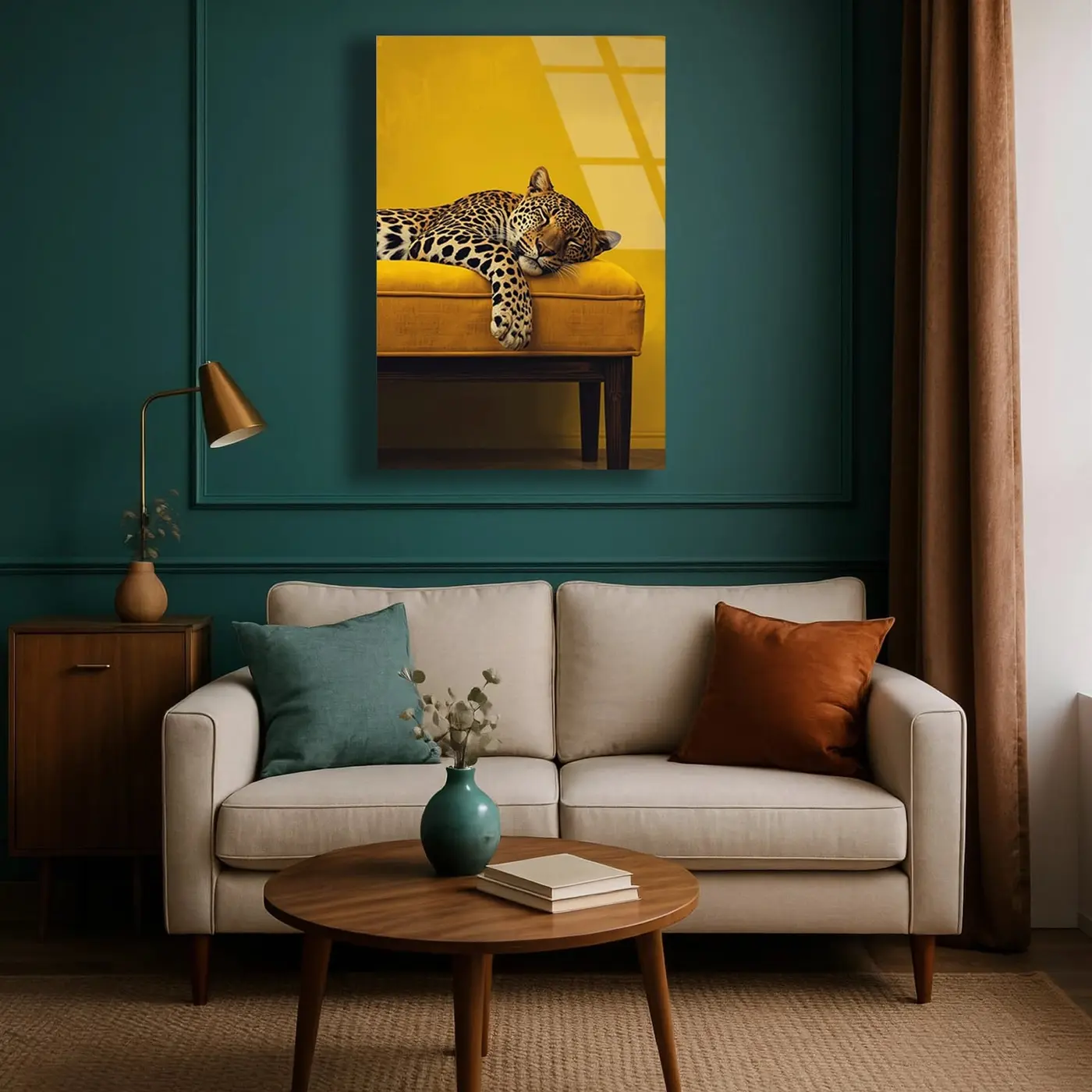 Sarı Pufta Uyuyan Leopar Cam Tablo