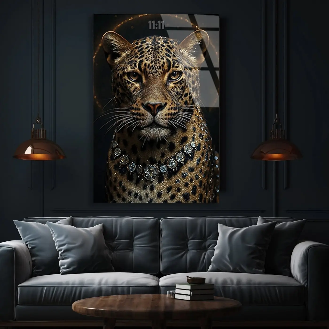 Elmas Kolyeli Leopar 11:11 Cam Tablo