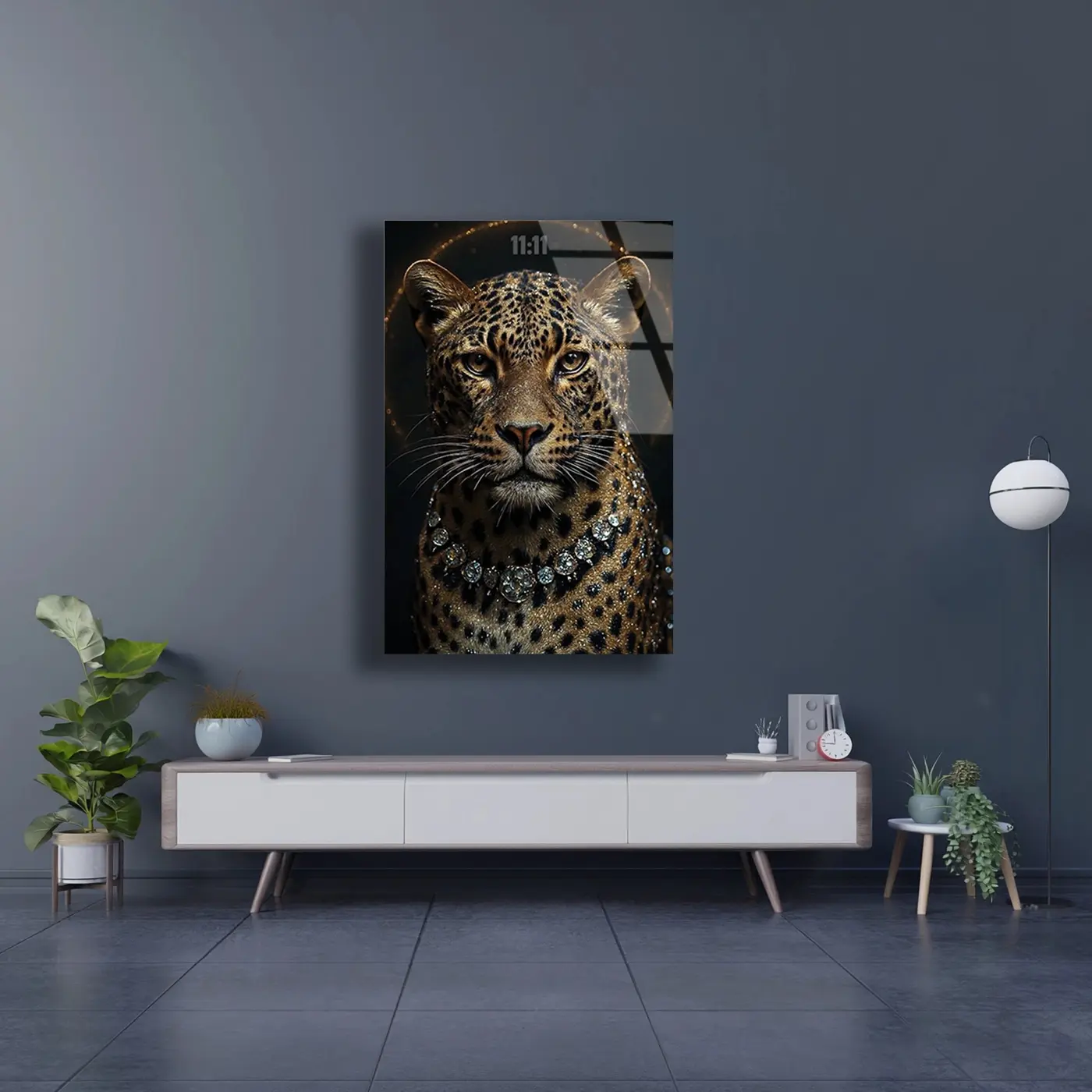 Elmas Kolyeli Leopar 11:11 Cam Tablo