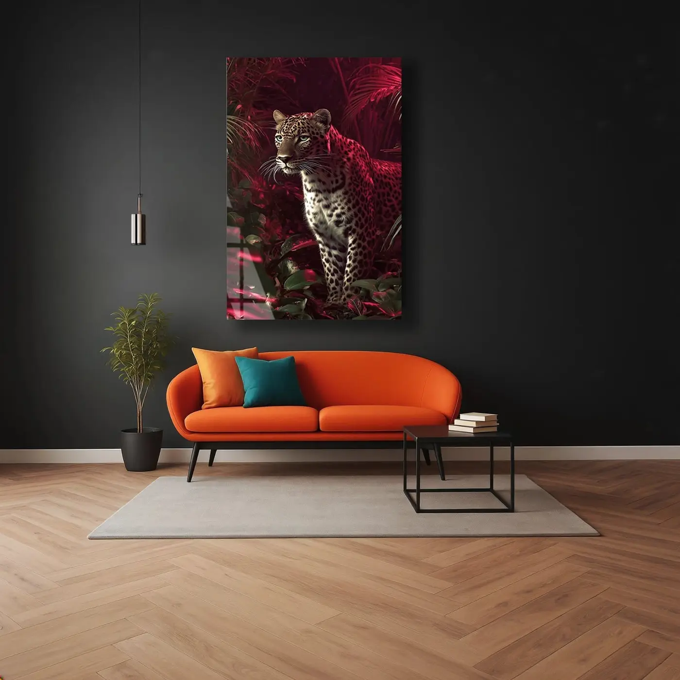 Kırmızı Tropikal Yapraklarda Leopar Cam Tablo