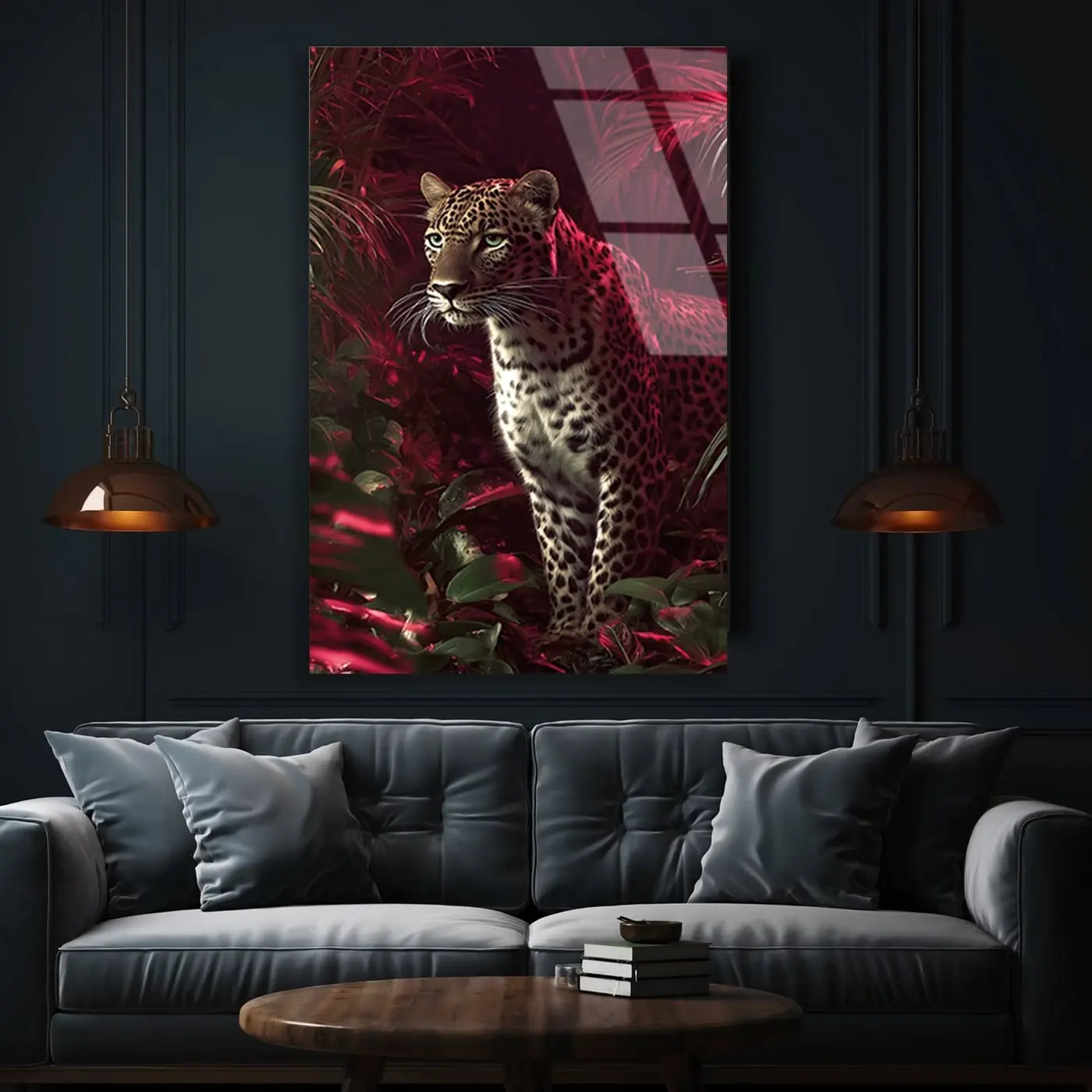 Kırmızı Tropikal Yapraklarda Leopar Cam Tablo