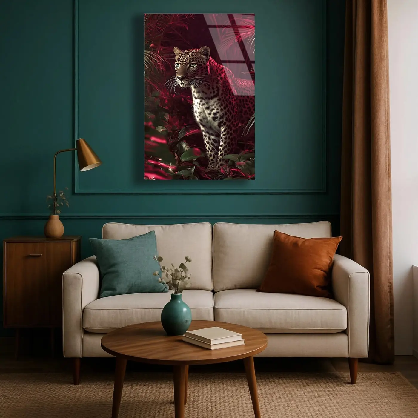Kırmızı Tropikal Yapraklarda Leopar Cam Tablo