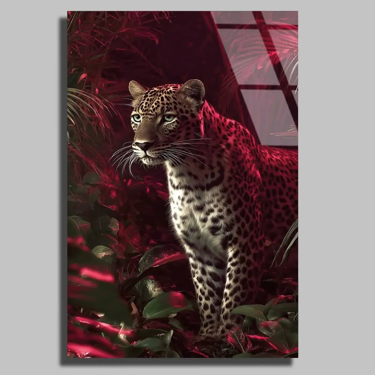 Kırmızı Tropikal Yapraklarda Leopar Cam Tablo