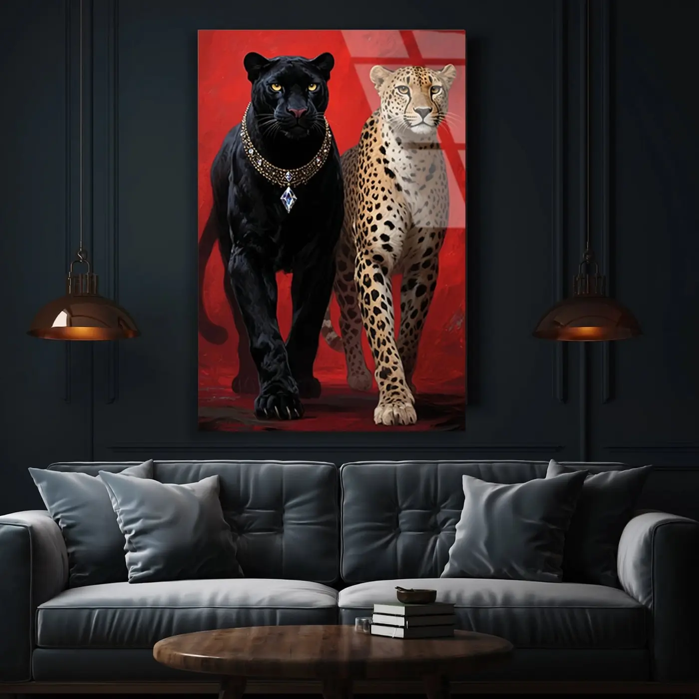 Kırmızı Zeminde Panter ve Leopar Cam Tablo
