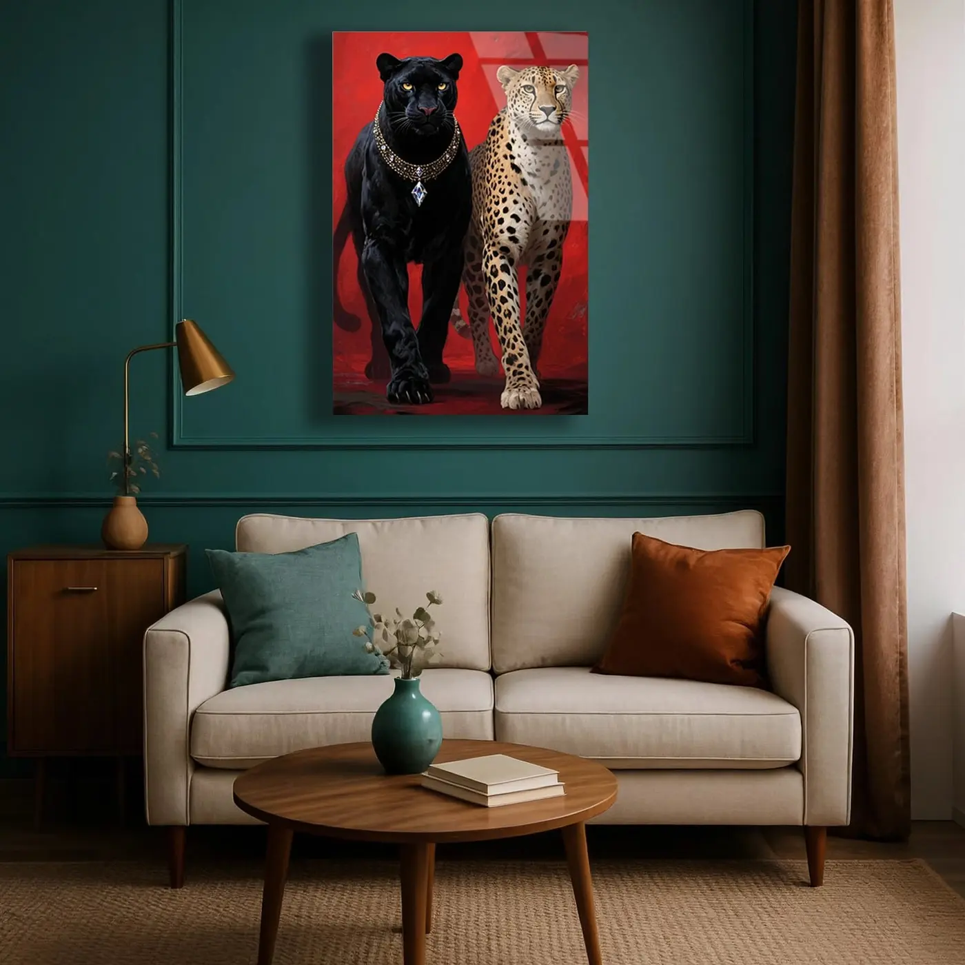 Kırmızı Zeminde Panter ve Leopar Cam Tablo