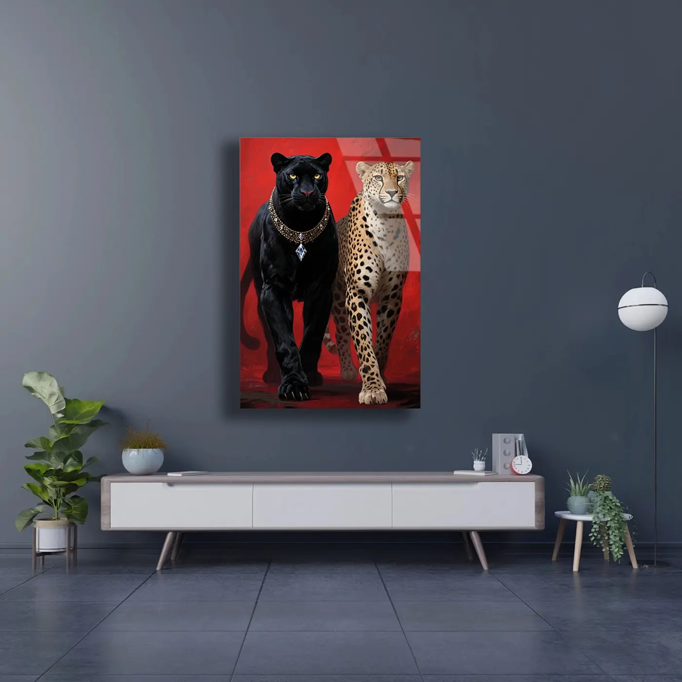 Kırmızı Zeminde Panter ve Leopar Cam Tablo