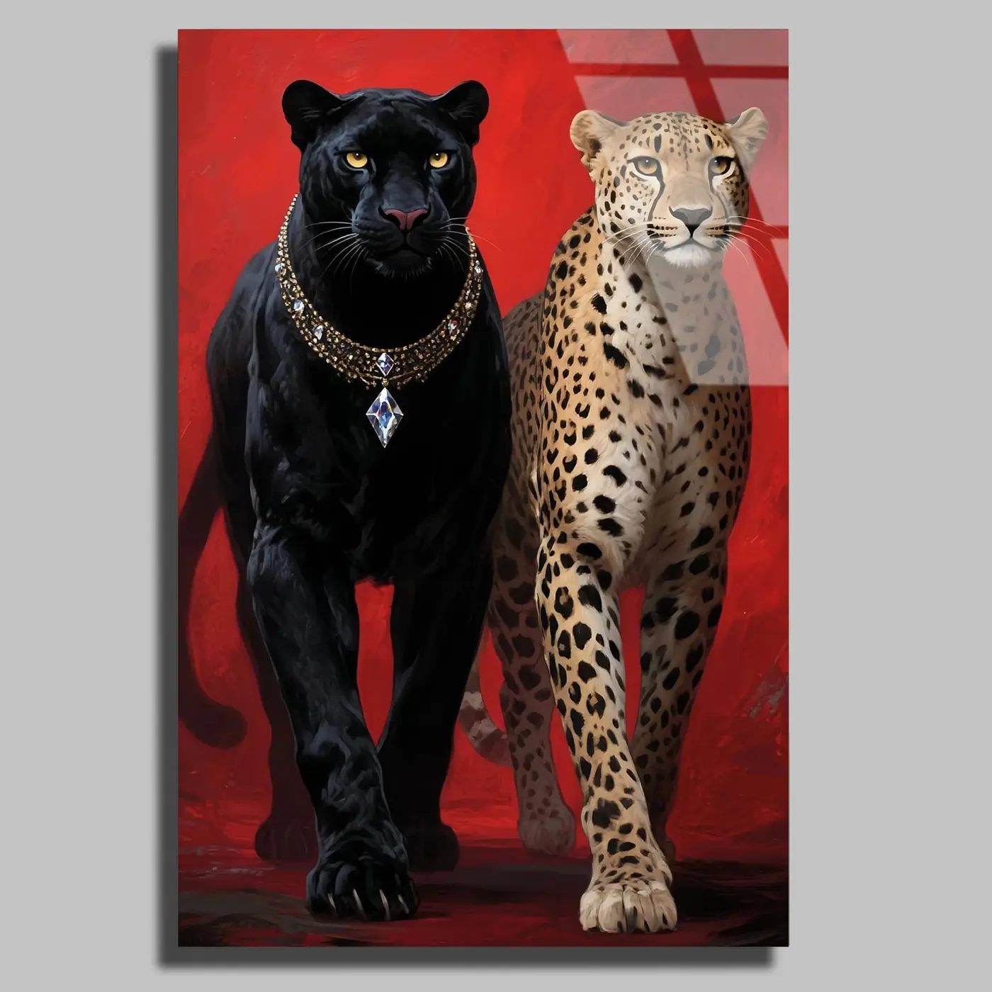 Kırmızı Zeminde Panter ve Leopar Cam Tablo