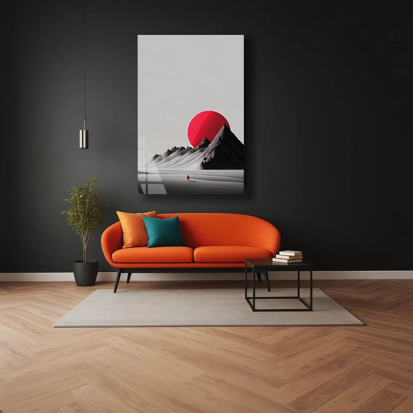 Minimal Kırmızı Güneş Dağ Cam Tablo