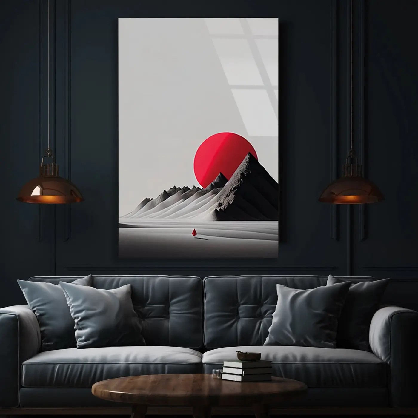 Minimal Kırmızı Güneş Dağ Cam Tablo