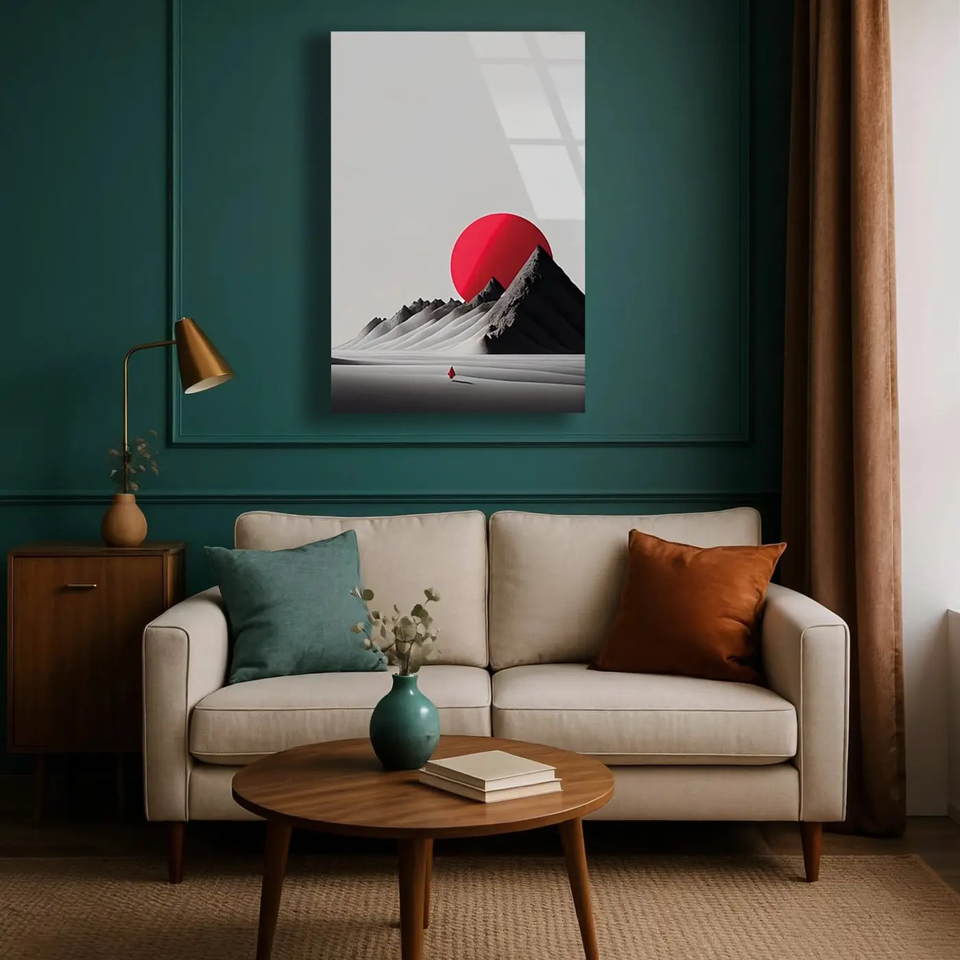 Minimal Kırmızı Güneş Dağ Cam Tablo