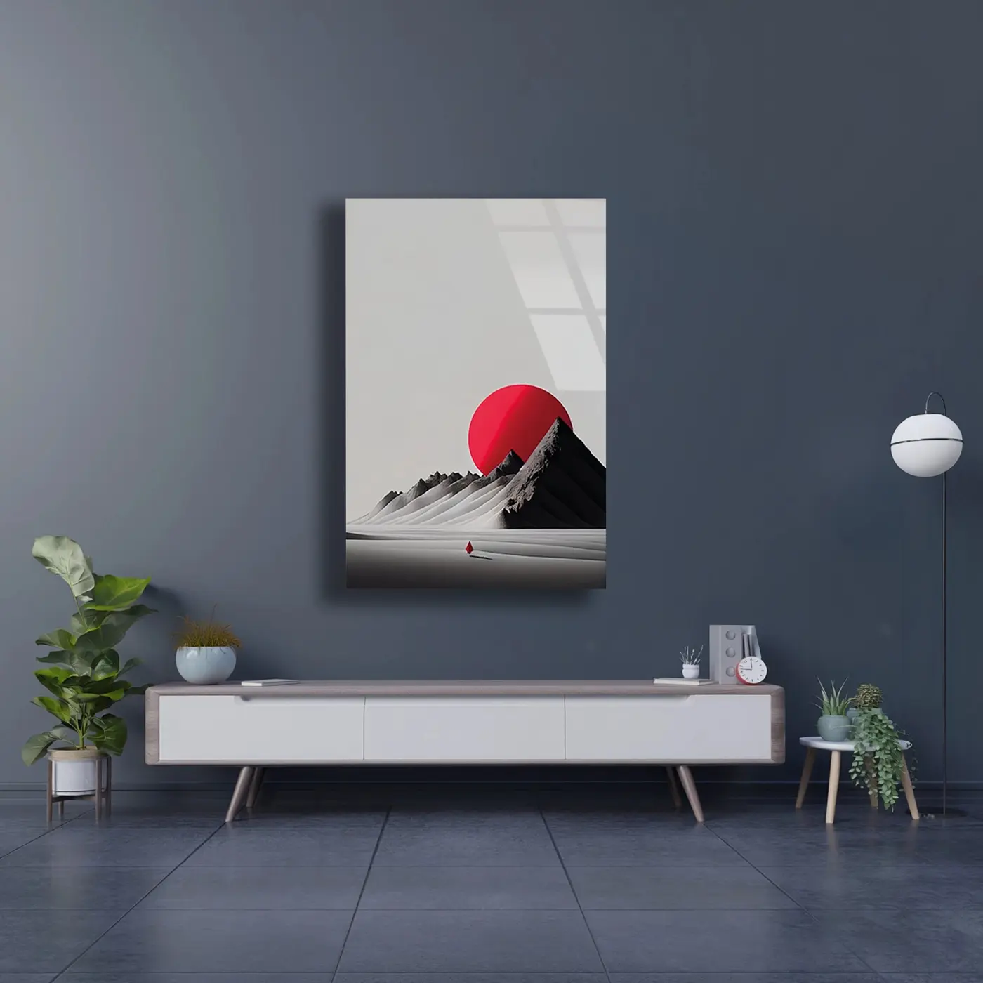 Minimal Kırmızı Güneş Dağ Cam Tablo