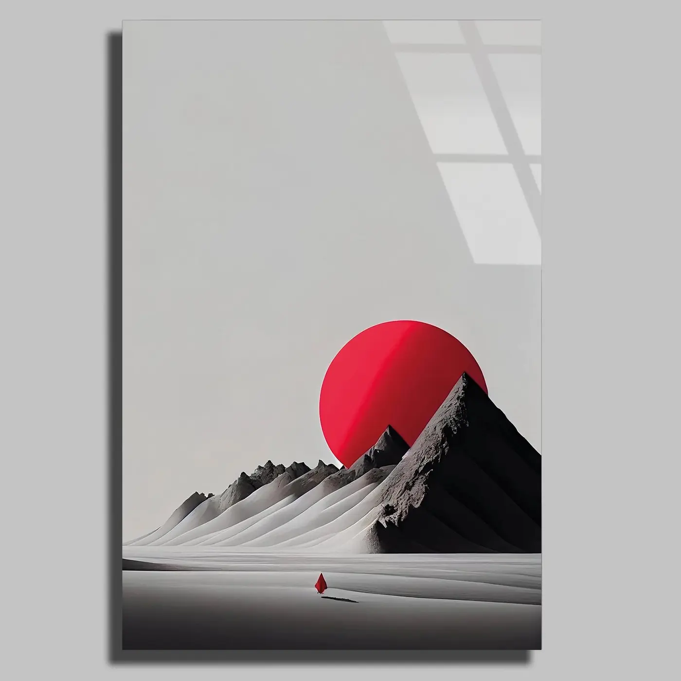 Minimal Kırmızı Güneş Dağ Cam Tablo
