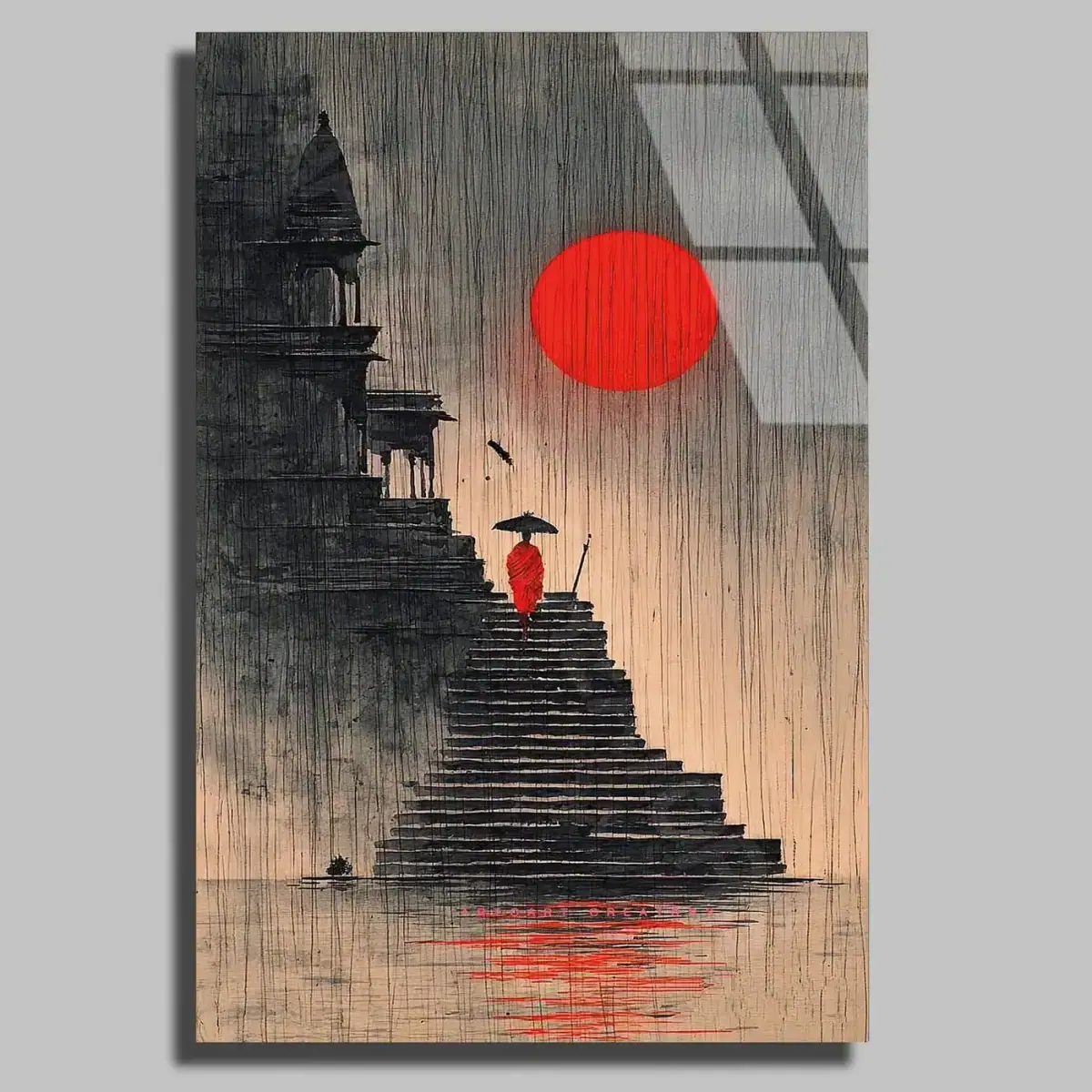 Kırmızı Şemsiyeli Japon Merdiveni Cam Tablo