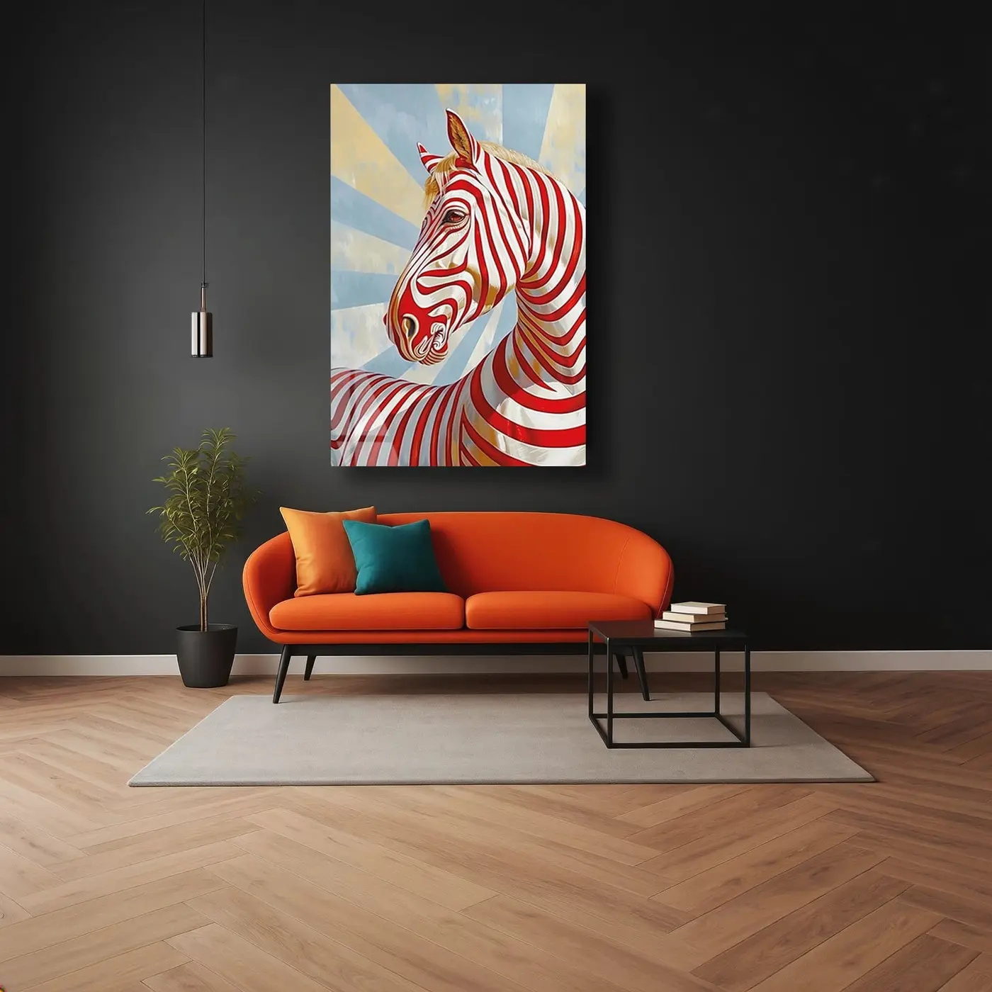 Kırmızı Beyaz Çizgili At Pop Art Cam Tablo
