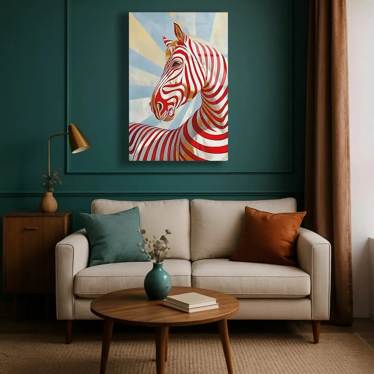 Kırmızı Beyaz Çizgili At Pop Art Cam Tablo