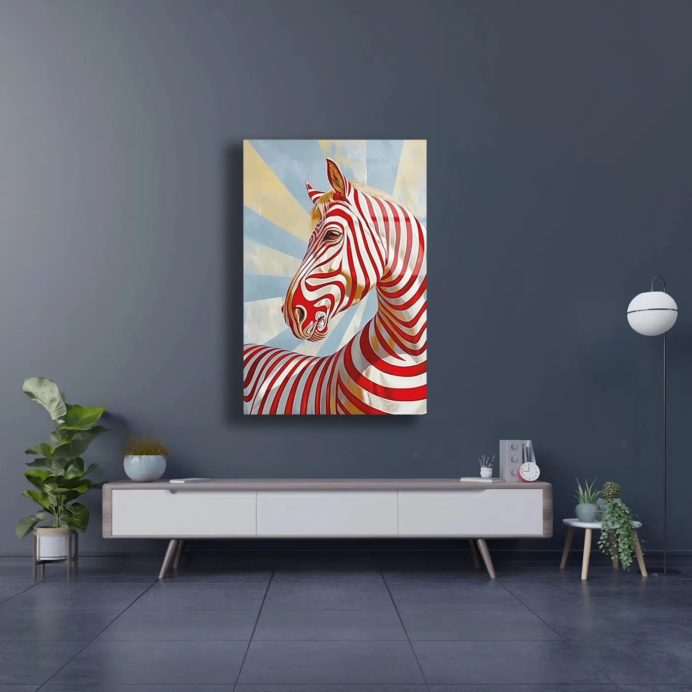 Kırmızı Beyaz Çizgili At Pop Art Cam Tablo