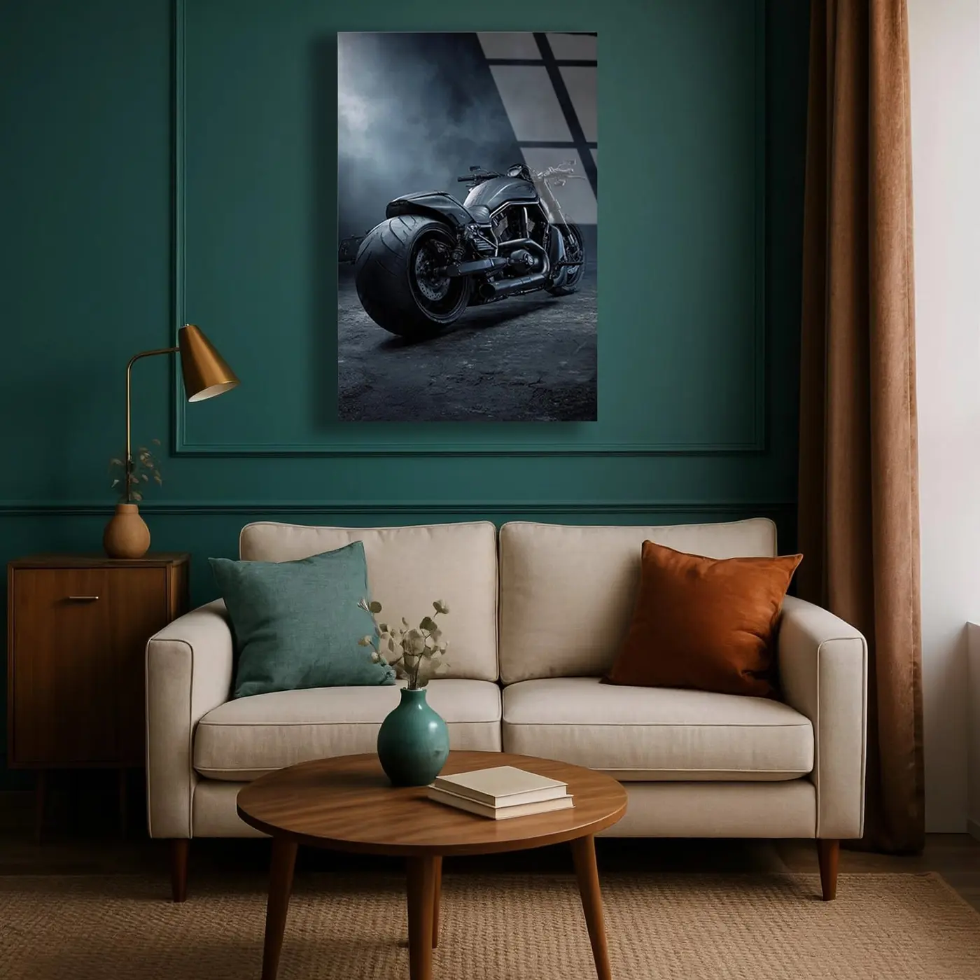 Sisli Karanlıkta Güçlü Motosiklet Cam Tablo