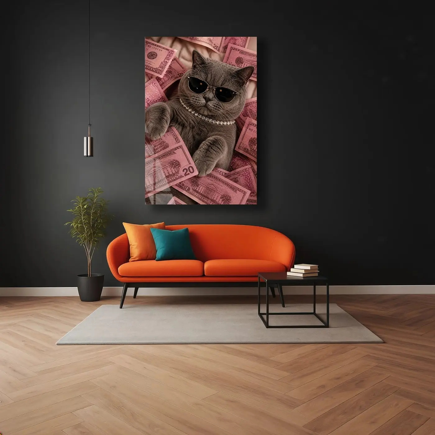 Gözlüklü Zengin Kedi Pembe Para Cam Tablo