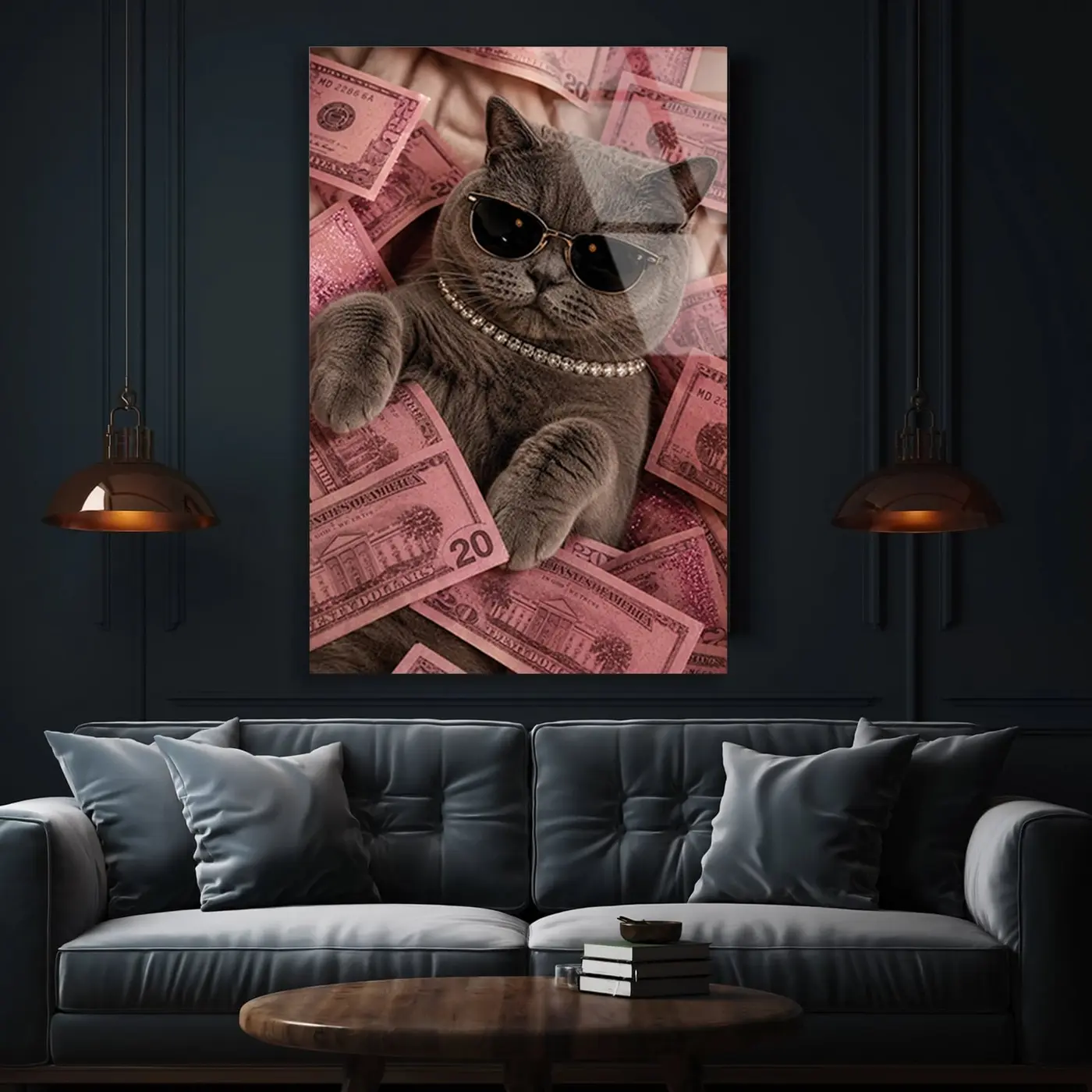 Gözlüklü Zengin Kedi Pembe Para Cam Tablo