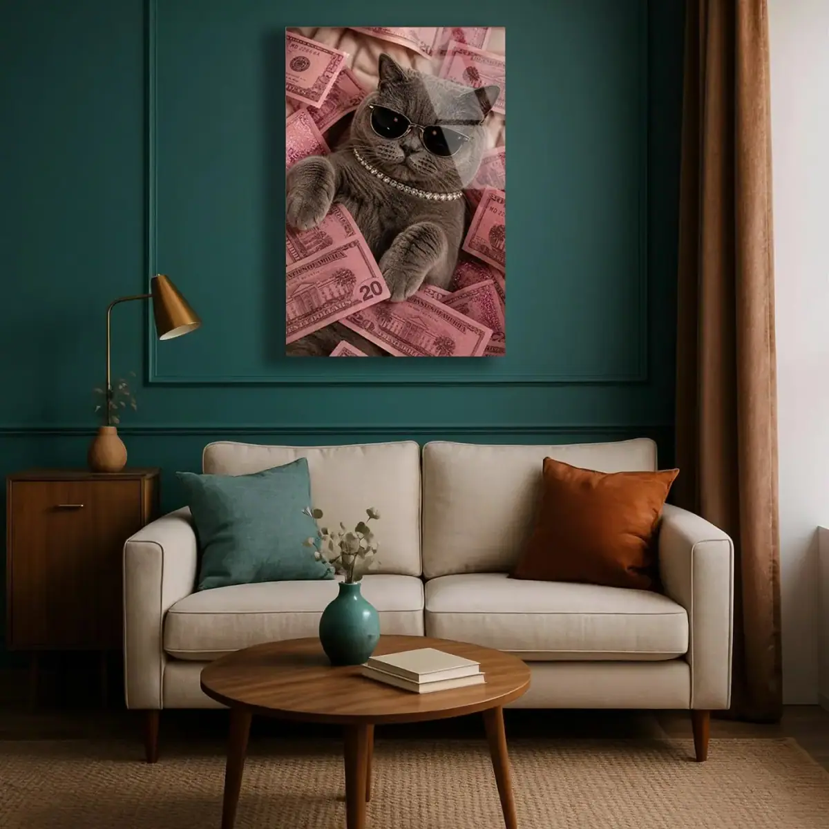 Gözlüklü Zengin Kedi Pembe Para Cam Tablo