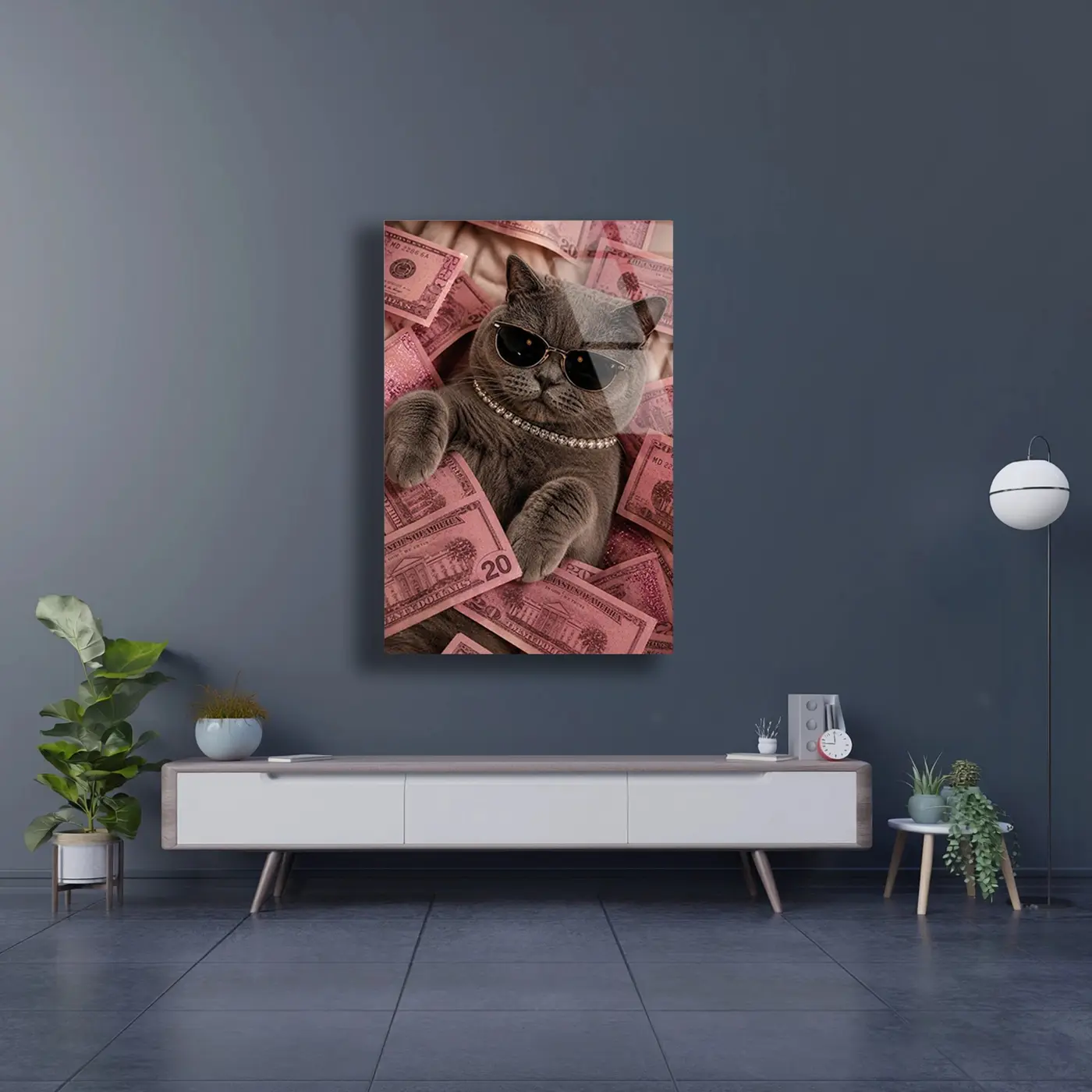 Gözlüklü Zengin Kedi Pembe Para Cam Tablo