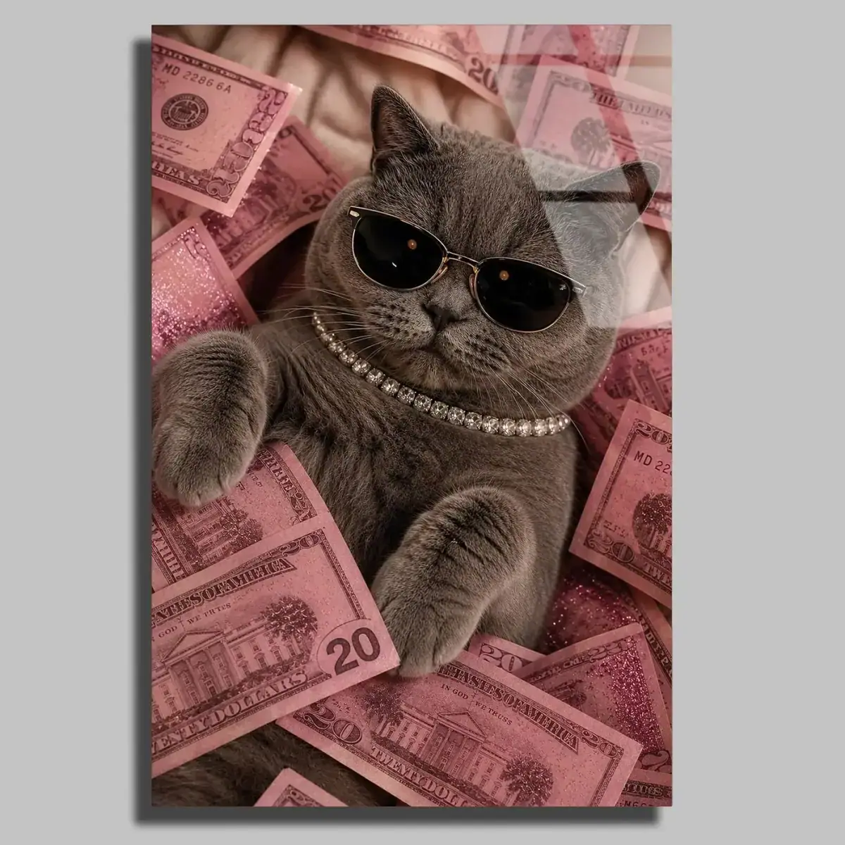 Gözlüklü Zengin Kedi Pembe Para Cam Tablo