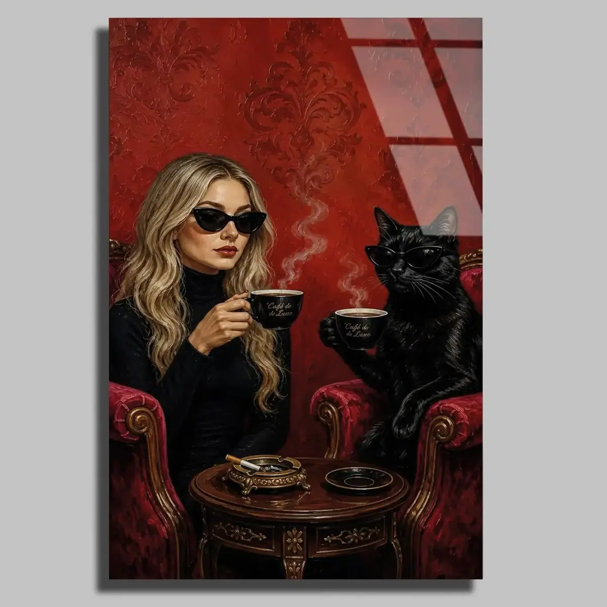 Kahve Molasında Kadın ve Kedi Cam Tablo