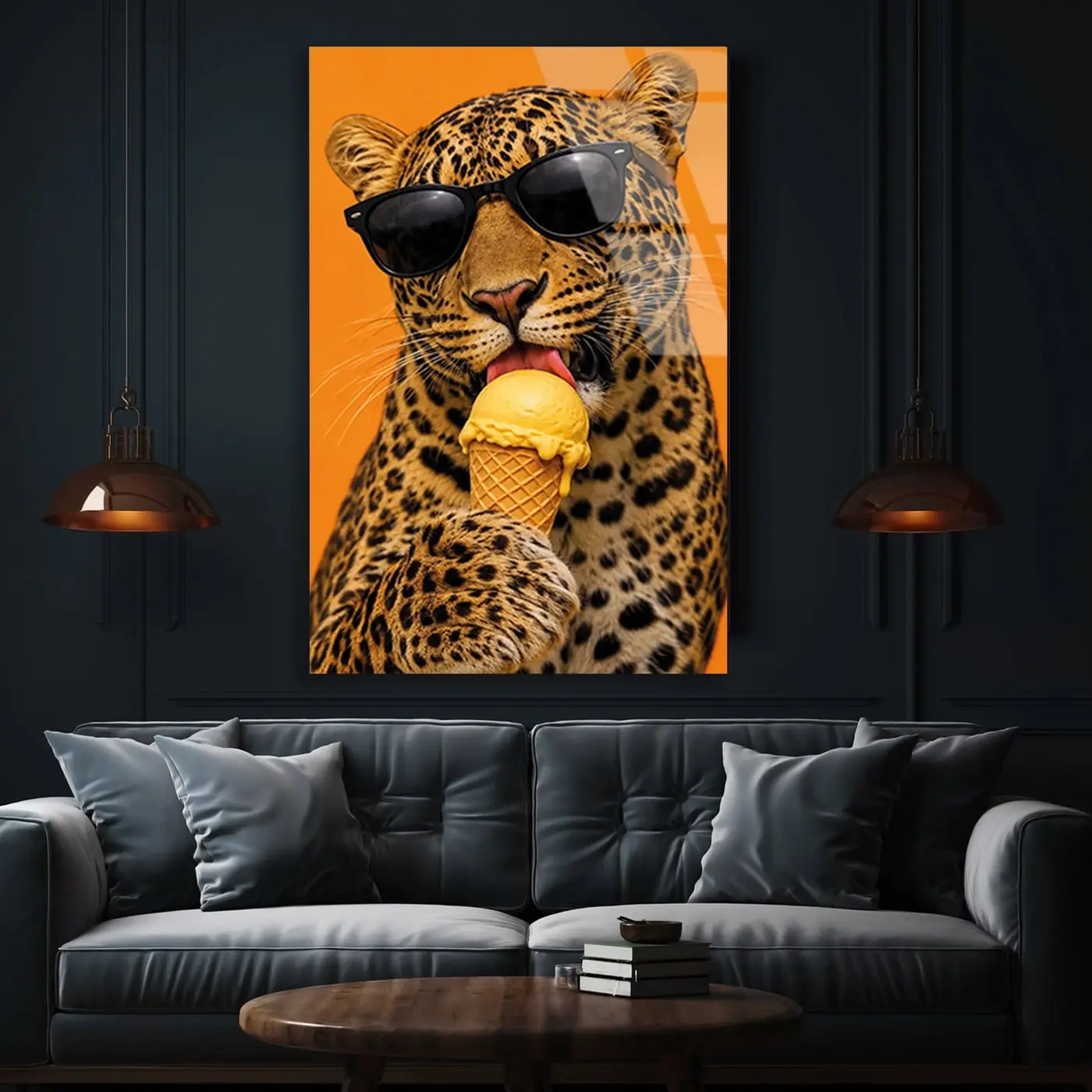 Dondurma Yiyen Şık Leopar Cam Tablo