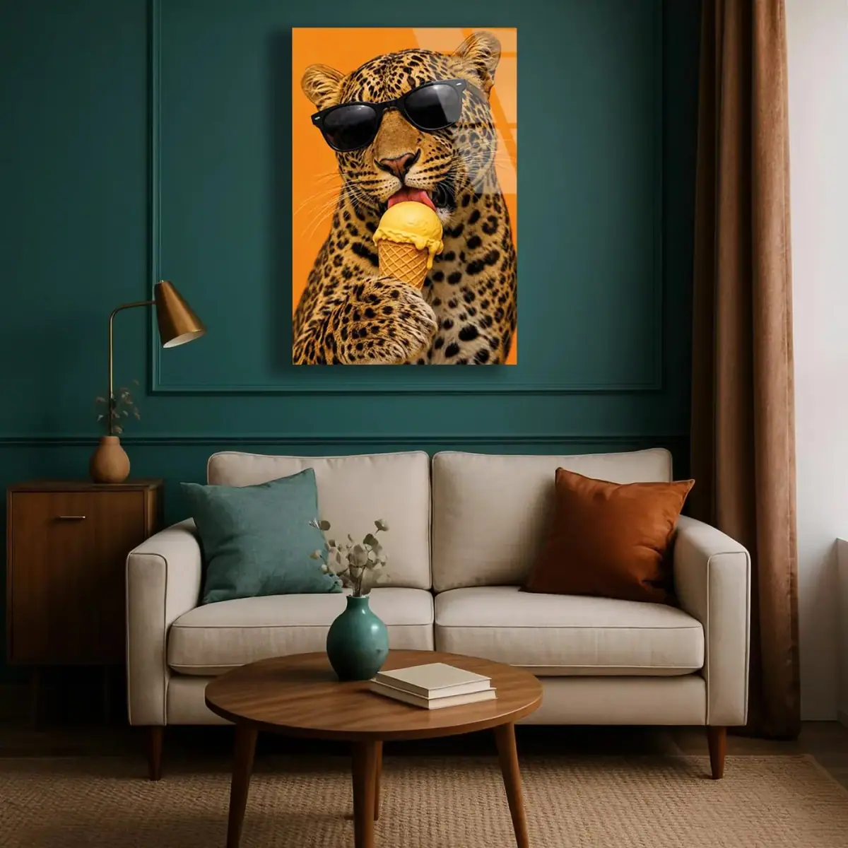 Dondurma Yiyen Şık Leopar Cam Tablo