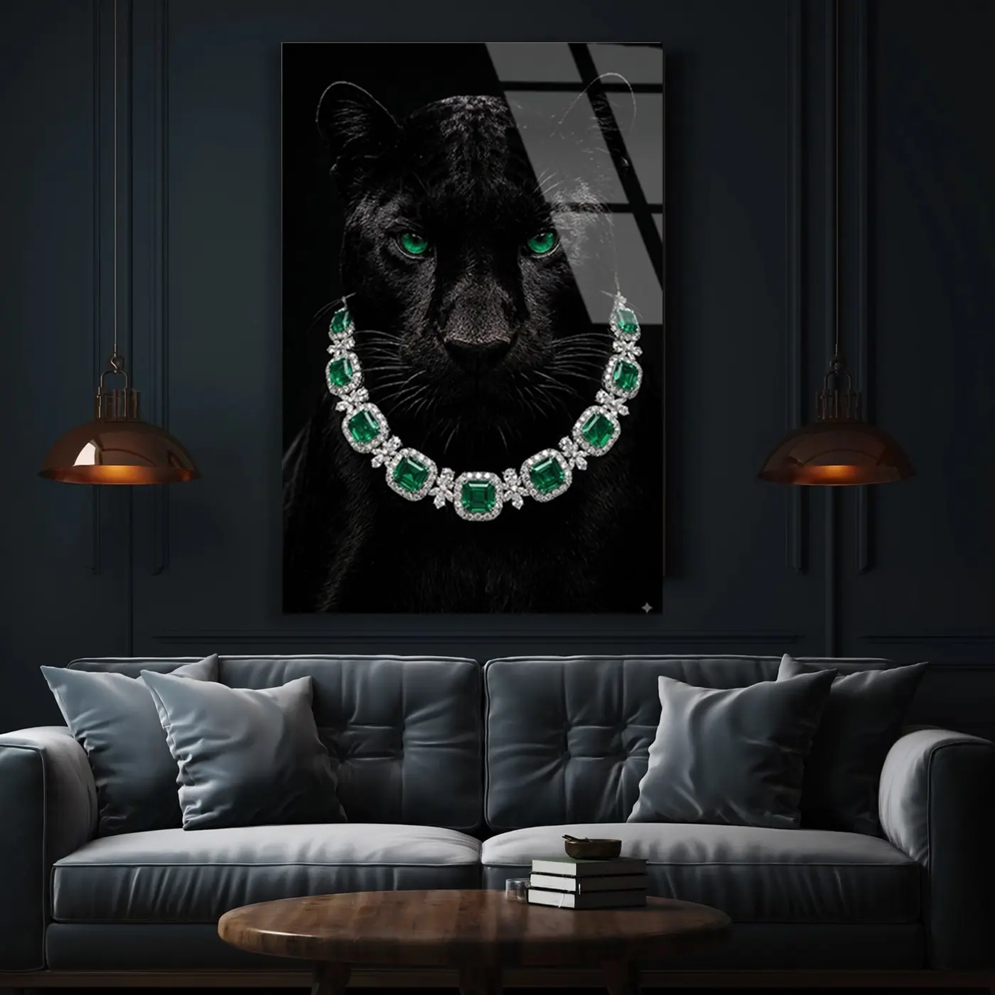 Zümrüt Kolyeli Siyah Panter Cam Tablo
