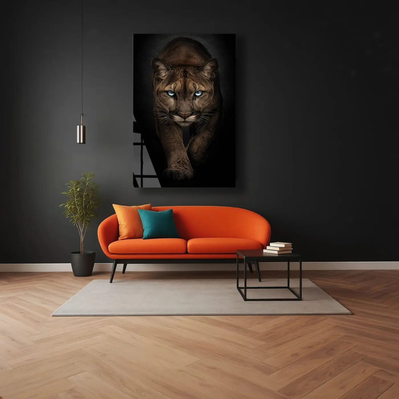 Mavi Gözlü Puma Karanlıkta Cam Tablo