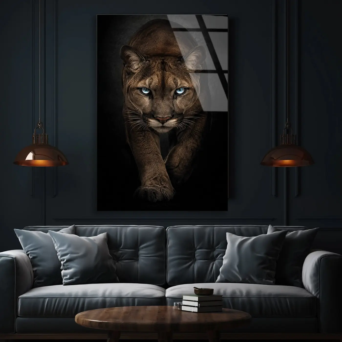 Mavi Gözlü Puma Karanlıkta Cam Tablo