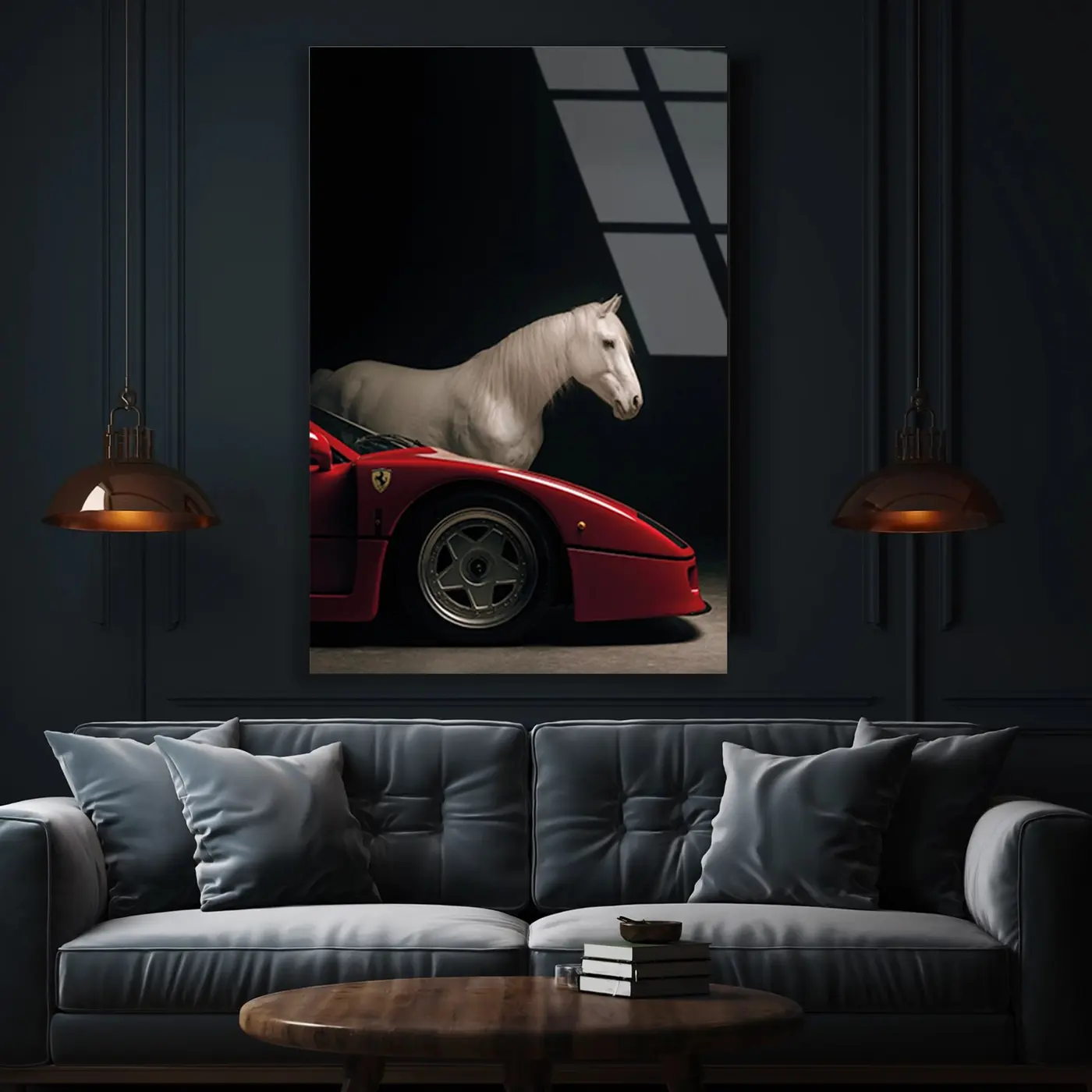 Beyaz At ve Kırmızı Ferrari Cam Tablo