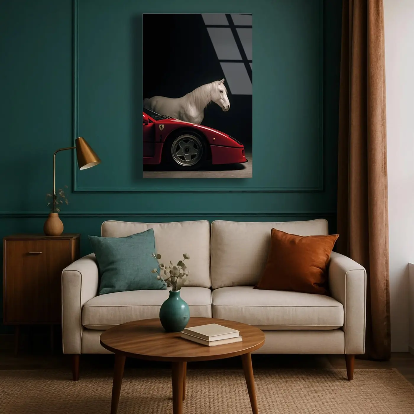 Beyaz At ve Kırmızı Ferrari Cam Tablo
