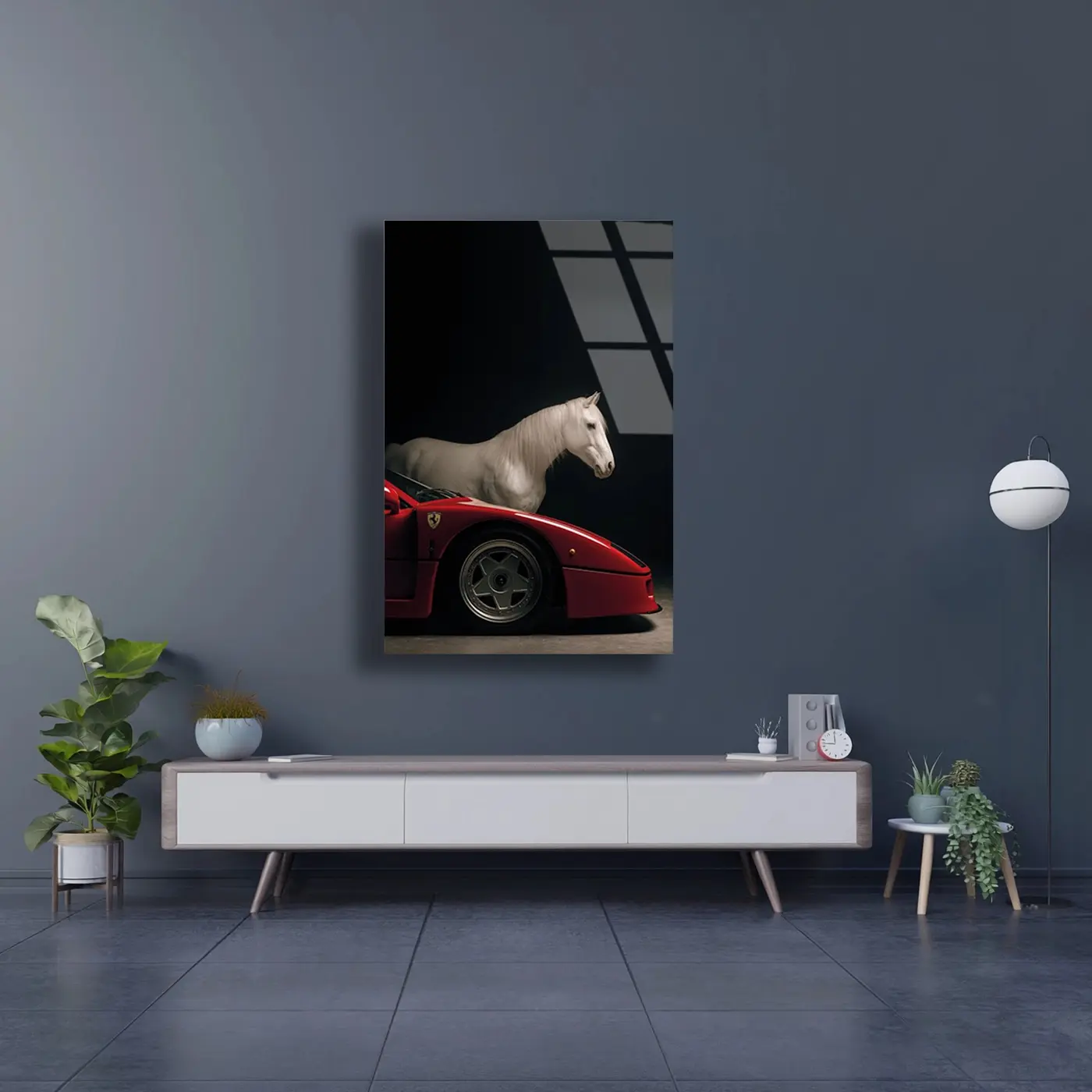 Beyaz At ve Kırmızı Ferrari Cam Tablo