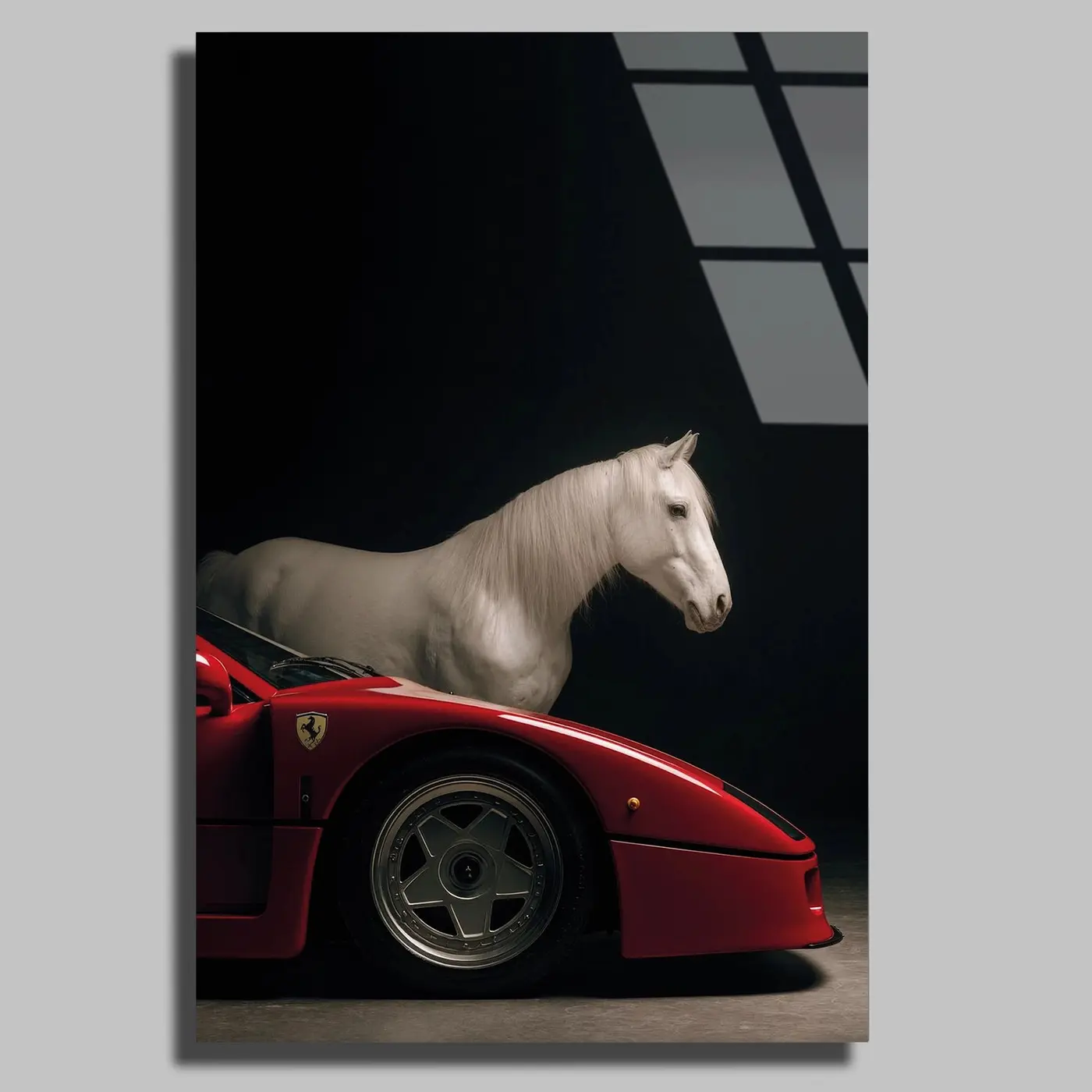 Beyaz At ve Kırmızı Ferrari Cam Tablo