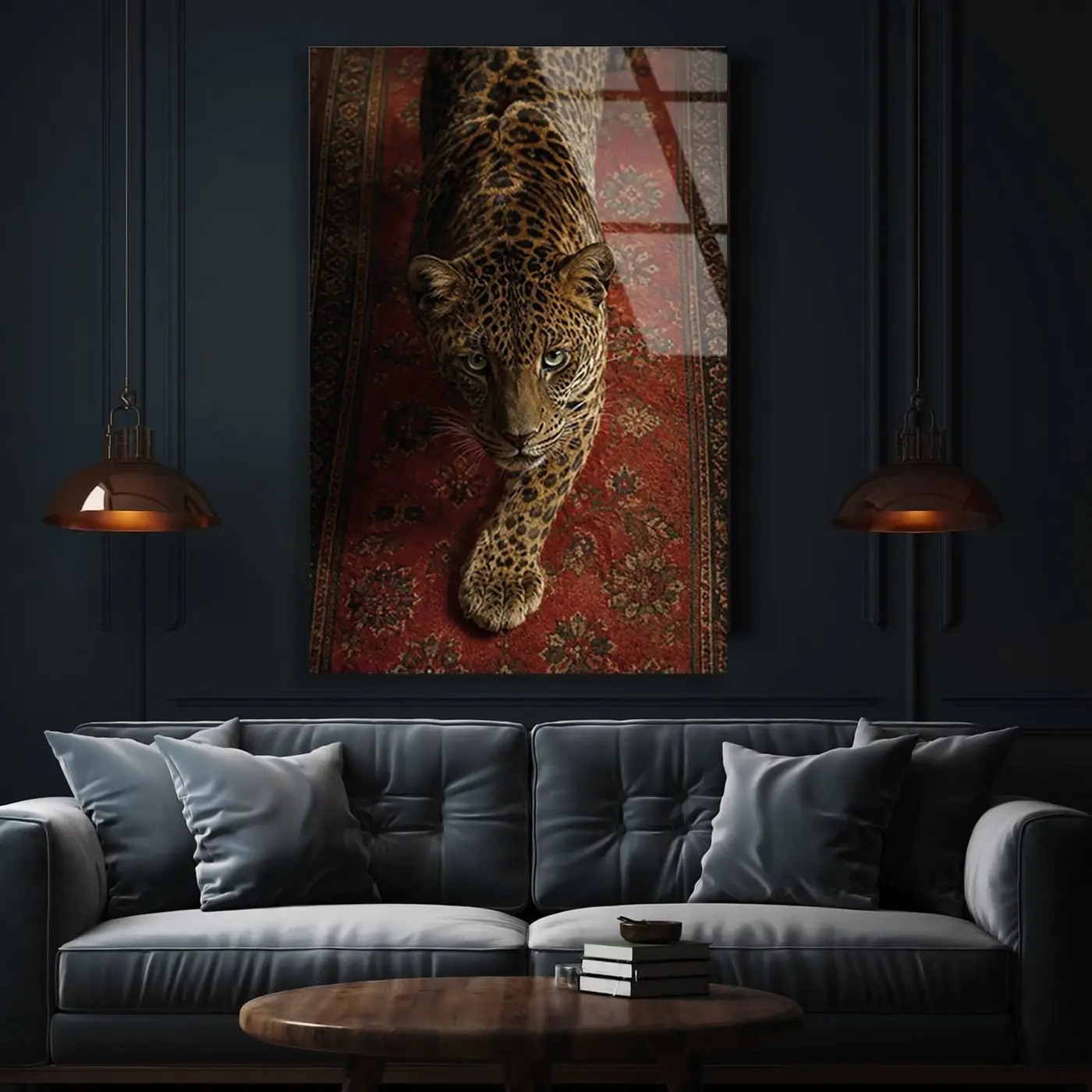 Kırmızı Halıda Leopar Kuşbakışı Cam Tablo