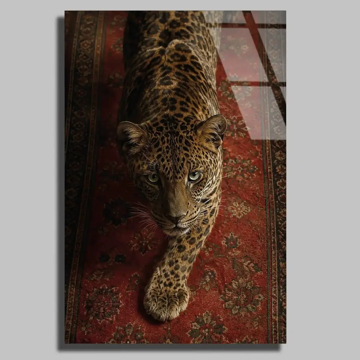 Kırmızı Halıda Leopar Kuşbakışı Cam Tablo