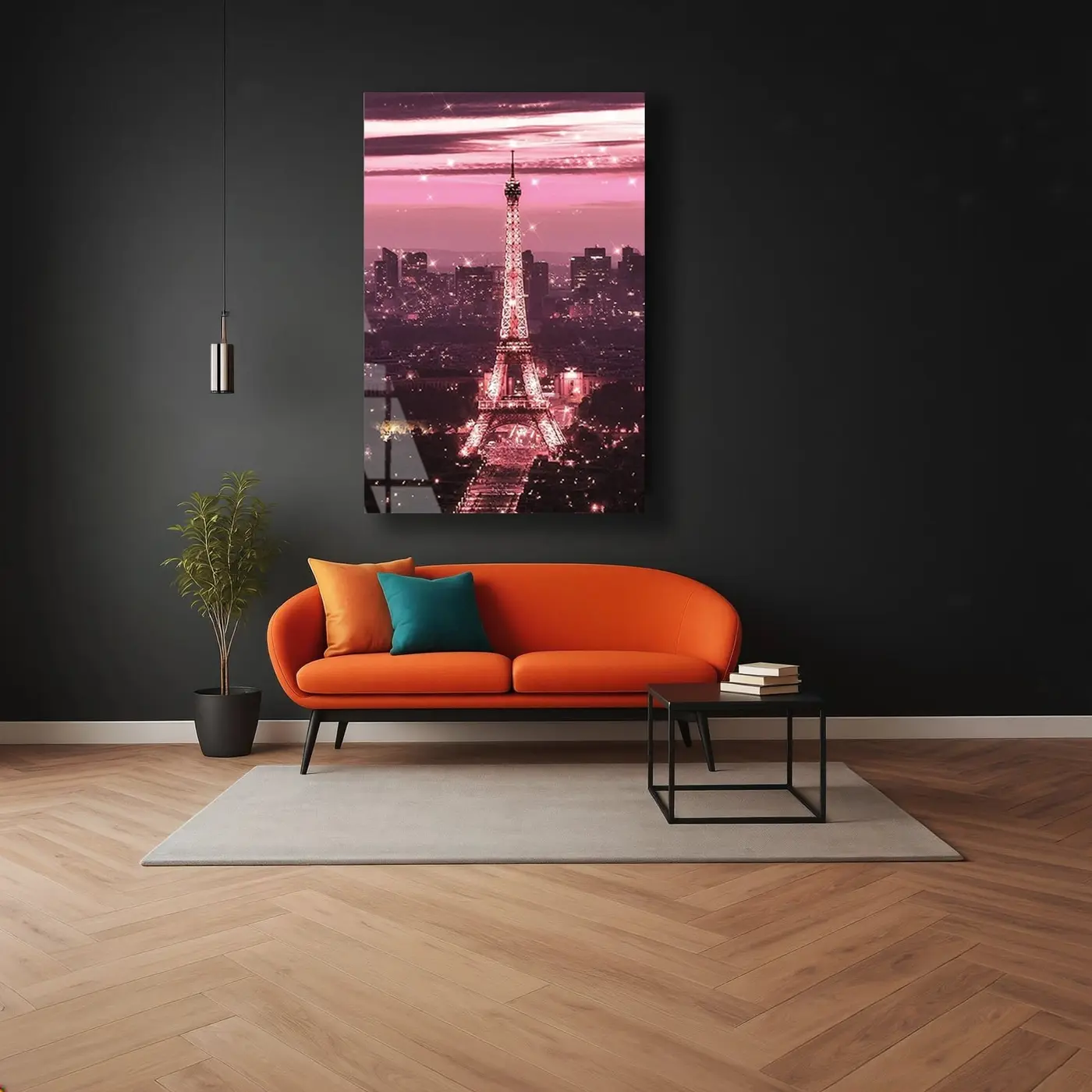 Pembe Işıklı Eyfel Kulesi Cam Tablo