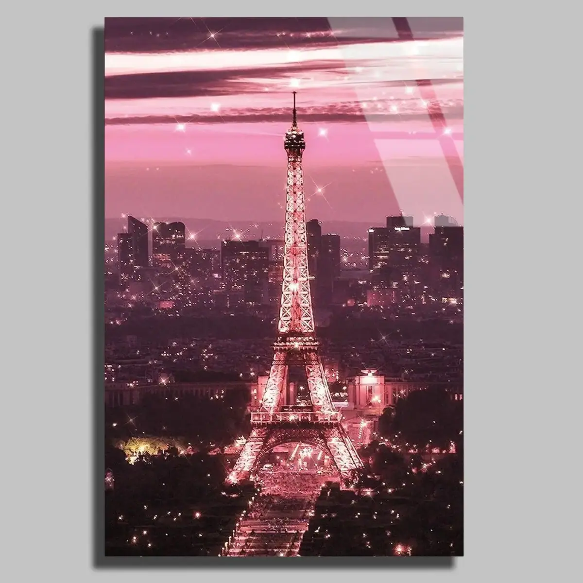 Pembe Işıklı Eyfel Kulesi Cam Tablo