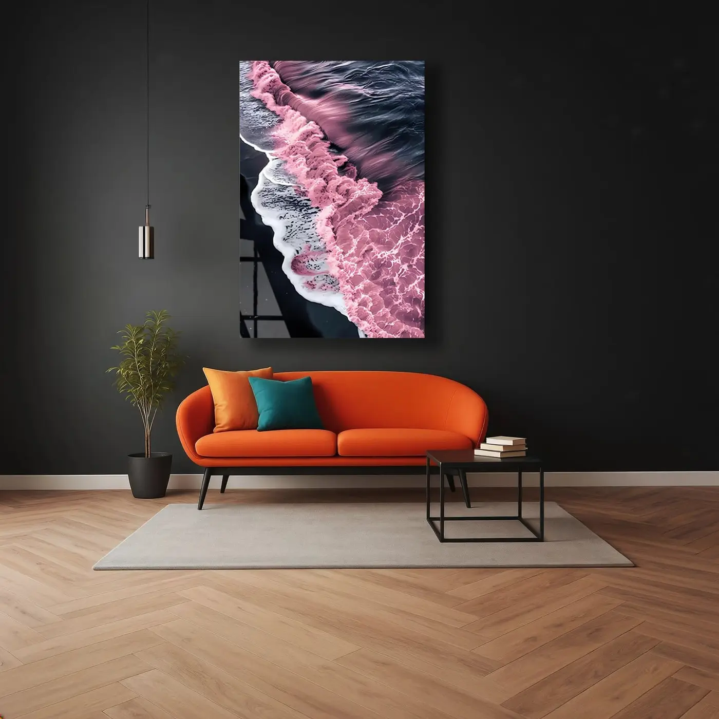 Pembe Mor Deniz Dalgaları Kuşbakışı Cam Tablo