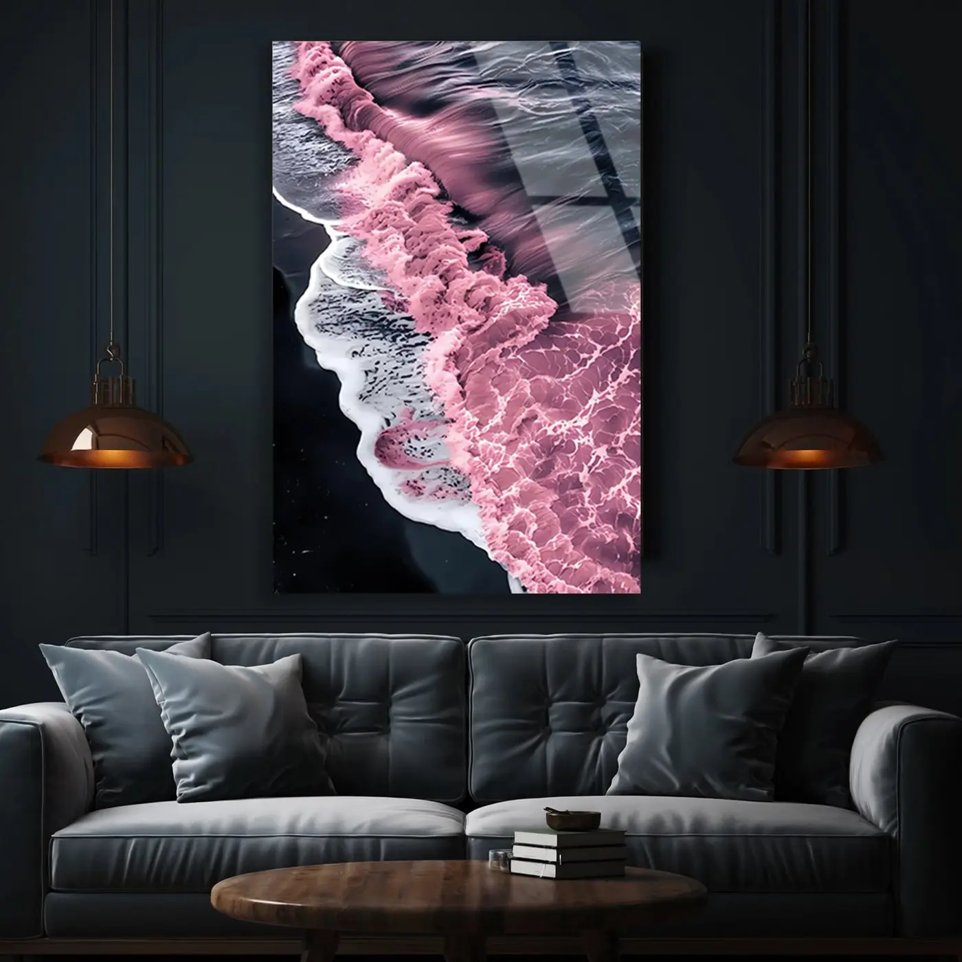 Pembe Mor Deniz Dalgaları Kuşbakışı Cam Tablo