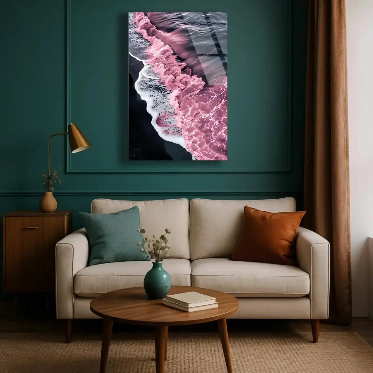 Pembe Mor Deniz Dalgaları Kuşbakışı Cam Tablo