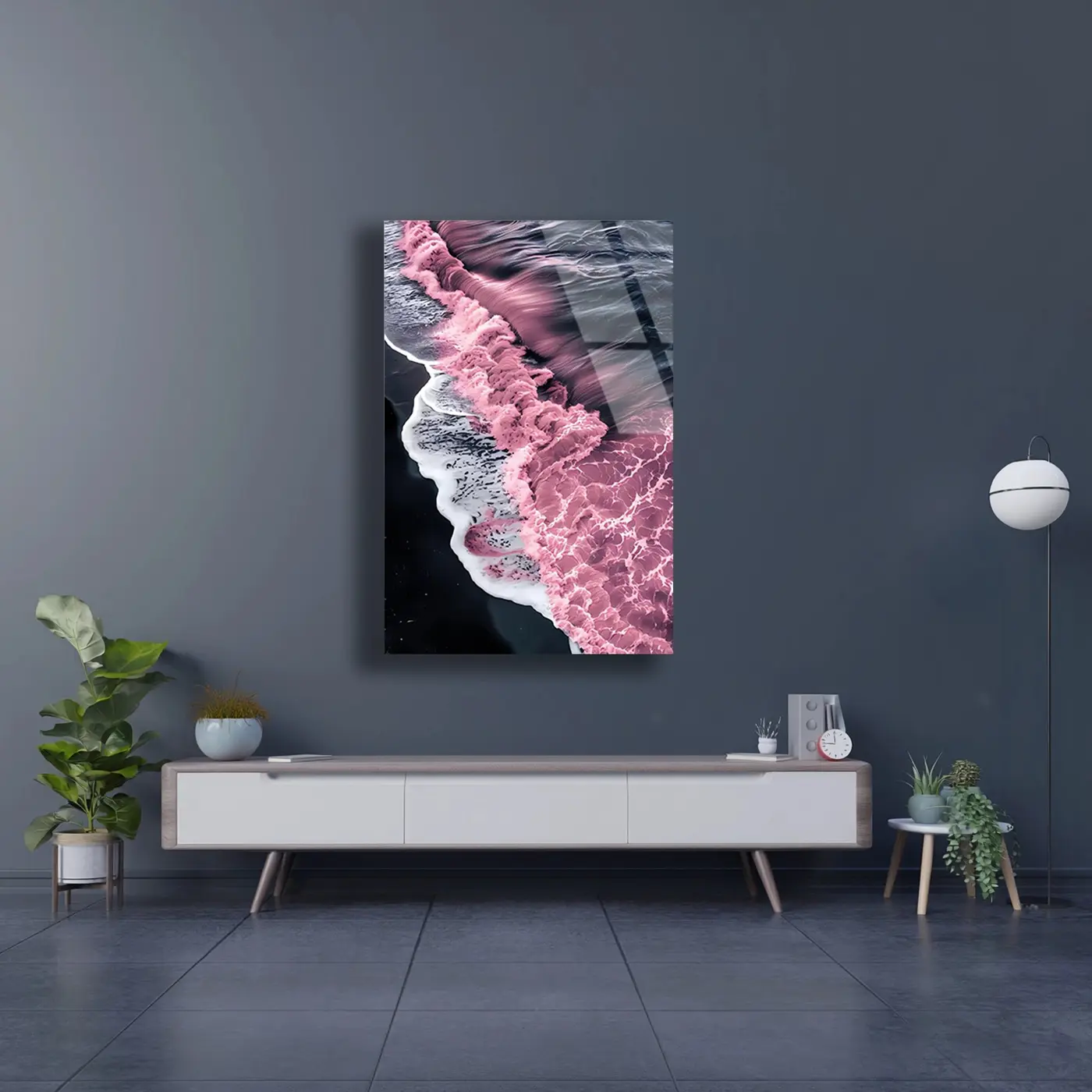 Pembe Mor Deniz Dalgaları Kuşbakışı Cam Tablo