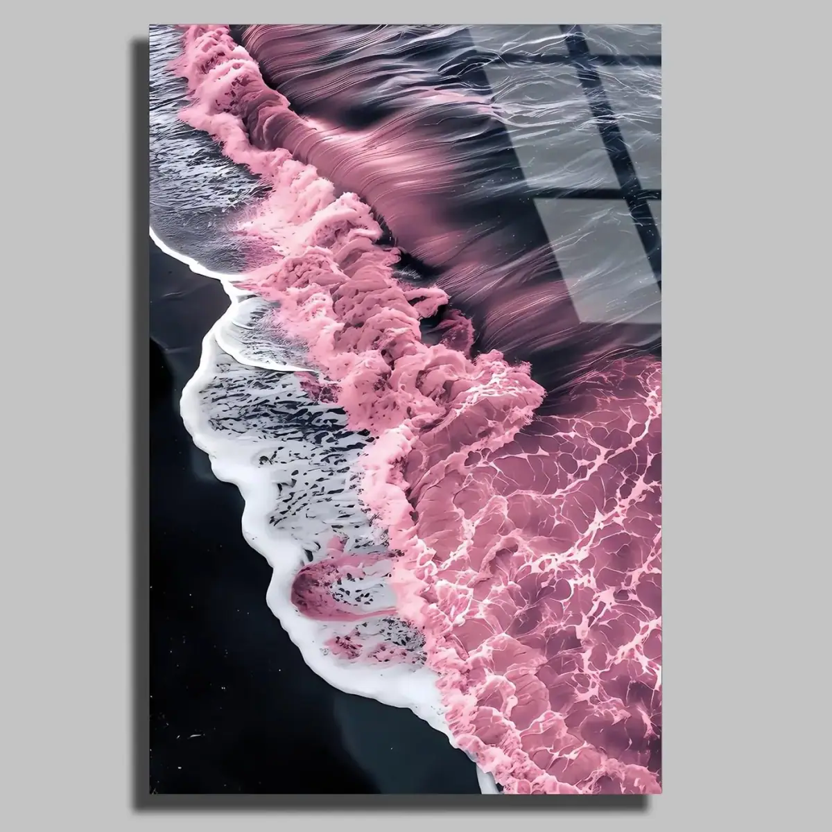 Pembe Mor Deniz Dalgaları Kuşbakışı Cam Tablo